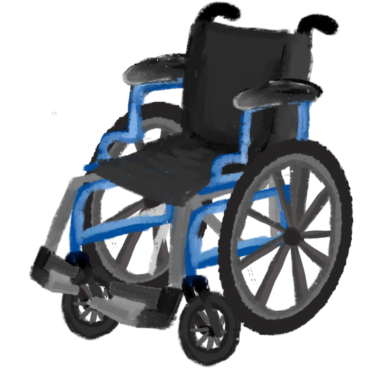 a crayon styled drawing of a manual wheelchair with a blue frame, grey wheels, footrests and black seat, with black handles.